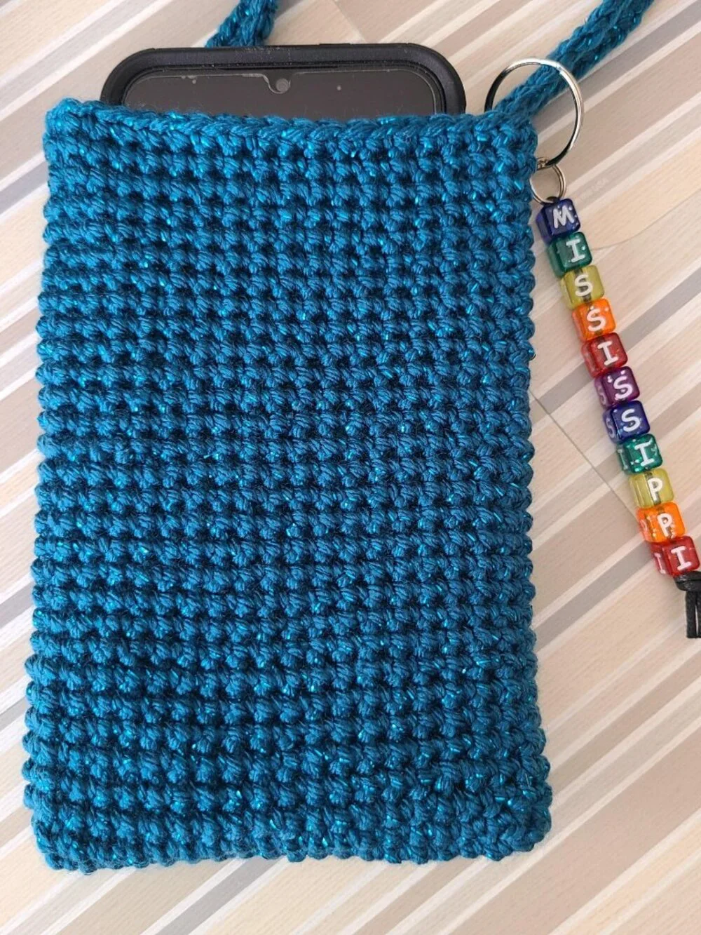 Hand Crochet Cell Phone Case Holder Crossbody Bag with Key Chain Teal Sparkling